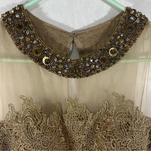 Teri Jon Gold Lace Embellished Neckline Sheath Midi Dress Formal Vintage Gown - Picture 3 of 5